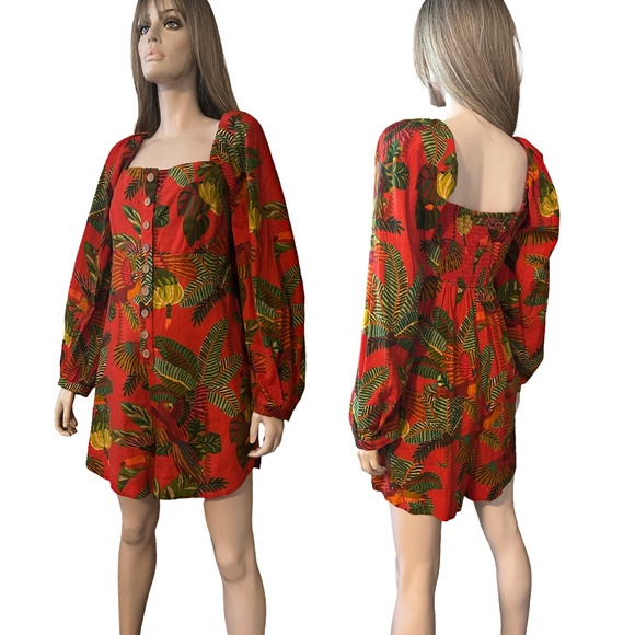 Anthropologie Farm Rio Red Forest Birds Romper Playsuit Linen Tiki Bold Print - Picture 9 of 16